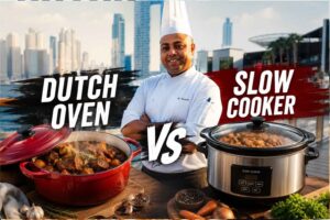 A chef in a white uniform stands in the center of a dramatic cooking comparison graphic. On the left is a red Dutch oven filled with a hearty stew, labeled “Dutch Oven,” with text highlighting rich flavor and bold results. On the right is a stainless steel slow cooker with food inside, labeled “Slow Cooker,” emphasizing easy hands-off cooking. A large “VS” separates the two cooking methods, with a city waterfront background and a bold YouTube-style thumbnail design.