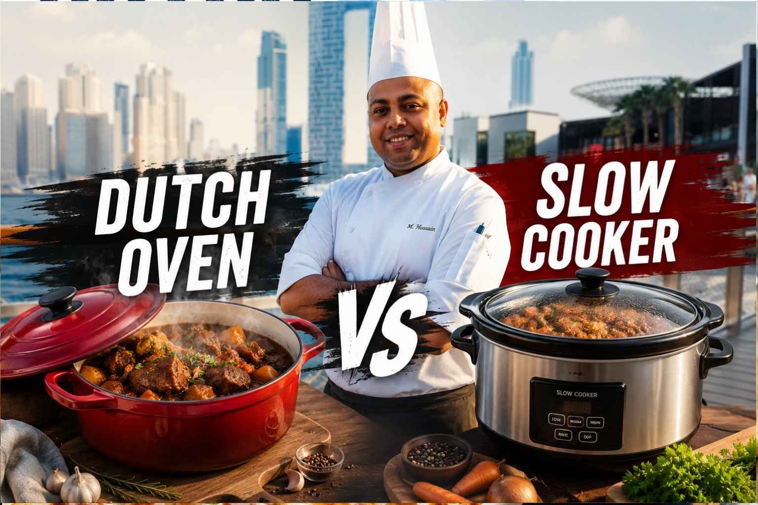 A chef in a white uniform stands in the center of a dramatic cooking comparison graphic. On the left is a red Dutch oven filled with a hearty stew, labeled “Dutch Oven,” with text highlighting rich flavor and bold results. On the right is a stainless steel slow cooker with food inside, labeled “Slow Cooker,” emphasizing easy hands-off cooking. A large “VS” separates the two cooking methods, with a city waterfront background and a bold YouTube-style thumbnail design.