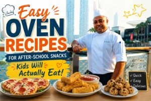Smiling chef in a white uniform standing by a waterfront promenade with a modern city skyline in the background. Colorful text reads “Easy Oven Recipes for After-School Snacks Kids Will Actually Eat!” in large bold letters. In the foreground, plates of kid-friendly snacks—including mini pepperoni pizzas, crispy baked snack sticks with dipping sauce, and chocolate chip energy bites—are displayed on a wooden table. Playful doodles and a small chalkboard highlight that the recipes are quick, easy, and delicious.