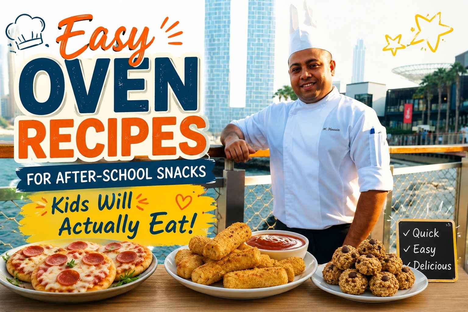 Smiling chef in a white uniform standing by a waterfront promenade with a modern city skyline in the background. Colorful text reads “Easy Oven Recipes for After-School Snacks Kids Will Actually Eat!” in large bold letters. In the foreground, plates of kid-friendly snacks—including mini pepperoni pizzas, crispy baked snack sticks with dipping sauce, and chocolate chip energy bites—are displayed on a wooden table. Playful doodles and a small chalkboard highlight that the recipes are quick, easy, and delicious.