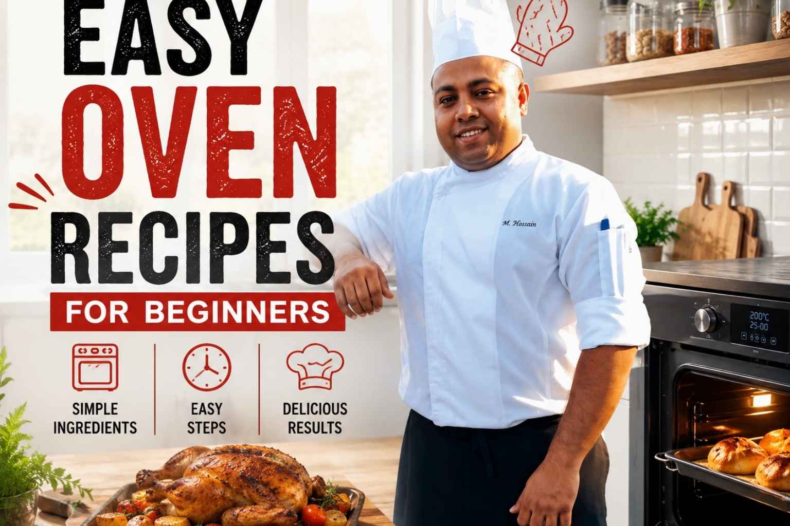 A smiling chef in a white uniform stands in a modern kitchen beside a built-in oven, with a roasted chicken on the counter. Large bold text reads "Easy Oven Recipes for Beginners," with icons highlighting simple ingredients, easy steps, and delicious results, creating an inviting feature image for a beginner-friendly cooking guide.