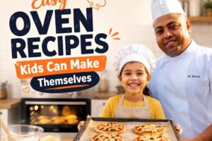 A cheerful cooking scene featuring a chef and a child in a kitchen, holding a tray of homemade mini pizzas. Large text reads “Easy Oven Recipes Kids Can Make Themselves.” The image promotes simple oven recipes for children with a bright, friendly cooking atmosphere.
