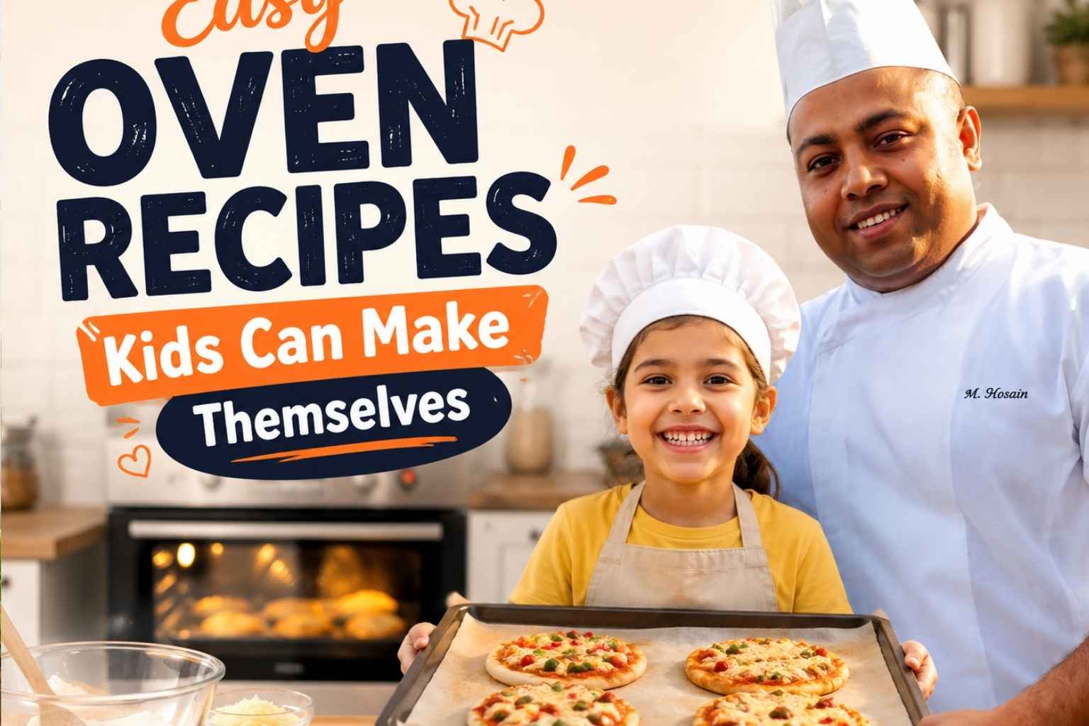 A cheerful cooking scene featuring a chef and a child in a kitchen, holding a tray of homemade mini pizzas. Large text reads “Easy Oven Recipes Kids Can Make Themselves.” The image promotes simple oven recipes for children with a bright, friendly cooking atmosphere.