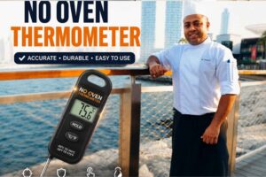A smiling chef in a white uniform stands on a waterfront boardwalk with a modern city skyline in the background. A large digital "No Oven Thermometer" is featured alongside bold text highlighting its key benefits: Accurate, Durable, Easy to Use, Fast & Accurate, Durable Design, Easy to Use, and Water Resistant.