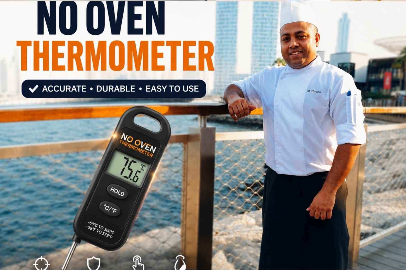 A smiling chef in a white uniform stands on a waterfront boardwalk with a modern city skyline in the background. A large digital "No Oven Thermometer" is featured alongside bold text highlighting its key benefits: Accurate, Durable, Easy to Use, Fast & Accurate, Durable Design, Easy to Use, and Water Resistant.