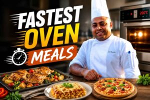 Professional chef in a white uniform standing beside a table filled with quick oven meals, including roasted chicken, baked pasta, and pizza, in a modern kitchen. Large bold text reads “Fastest Oven Meals” with a stopwatch icon, highlighting easy and time-saving oven recipes.