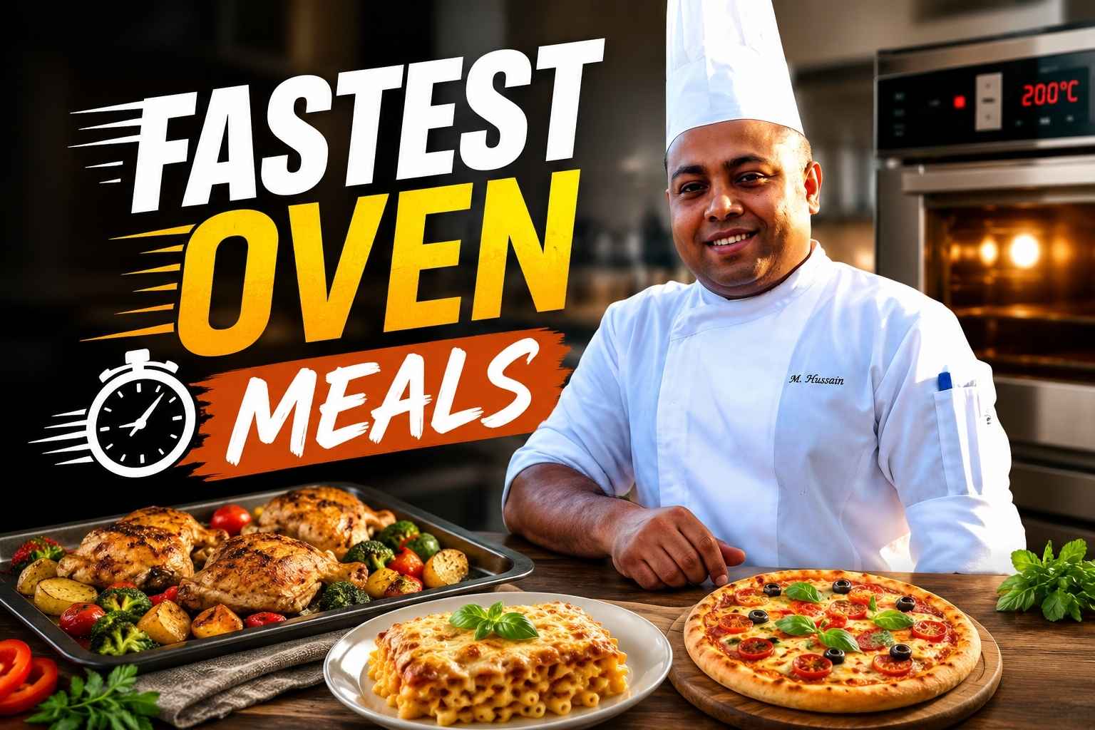 Professional chef in a white uniform standing beside a table filled with quick oven meals, including roasted chicken, baked pasta, and pizza, in a modern kitchen. Large bold text reads “Fastest Oven Meals” with a stopwatch icon, highlighting easy and time-saving oven recipes.