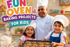 Smiling chef and two children baking cookies together in a colorful kitchen, featured on a bright "Fun Oven Baking Projects for Kids" promotional image with cupcakes, cookies, and playful baking decorations.