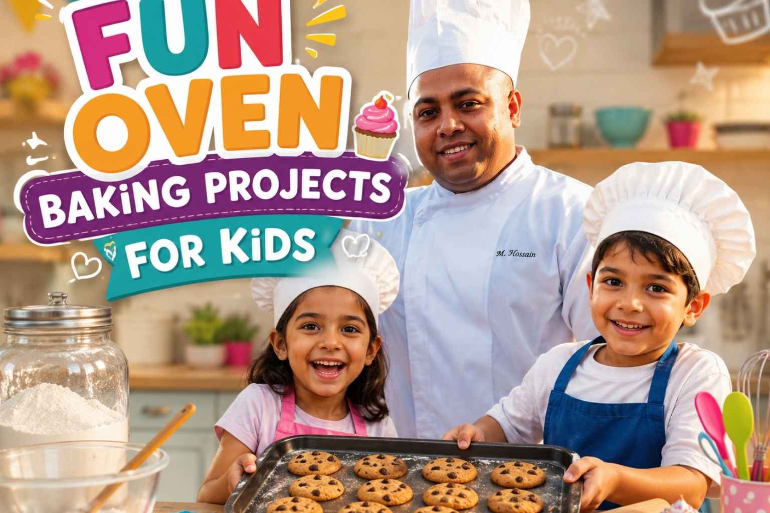 Smiling chef and two children baking cookies together in a colorful kitchen, featured on a bright "Fun Oven Baking Projects for Kids" promotional image with cupcakes, cookies, and playful baking decorations.