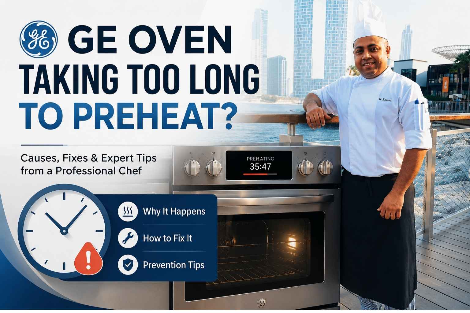 Professional chef in a white uniform standing beside a waterfront boardwalk with a city skyline in the background. A large GE oven graphic and bold headline read “GE Oven Taking Too Long to Preheat?” with supporting text about causes, fixes, and expert tips. Additional icons highlight troubleshooting topics including why it happens, how to fix it, and prevention tips. The design uses a clean blue-and-white color scheme and a YouTube-style thumbnail layout.