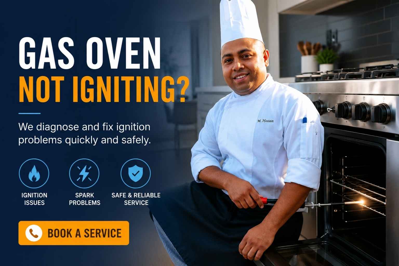 "Gas oven not igniting feature image showing a smiling chef beside a modern gas oven with bold text highlighting ignition problems, spark issues, and safe repair service."