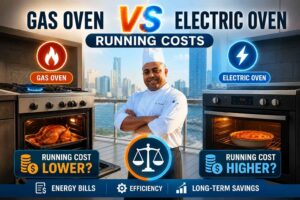 Feature image comparing gas oven vs electric oven running costs. A chef in a white uniform stands between a gas oven on the left and an electric oven on the right. The gas oven side features a flame icon and a roast chicken cooking inside, while the electric oven side displays a lightning bolt icon and a baked dish. Large headline text reads “Gas Oven vs Electric Oven Running Costs.” Cost, energy bills, efficiency, and long-term savings icons are highlighted across the design, with a modern city skyline visible in the background.