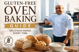 Feature image for a Gluten-Free Oven Baking Guide showing a smiling chef in a white uniform and chef hat standing on a waterfront boardwalk with a modern city skyline in the background. Fresh gluten-free bread loaves, a muffin, flour, and baking tools are displayed in the foreground, alongside the title "Gluten-Free Oven Baking Guide" and the tagline "Delicious Bakes. Every Time."