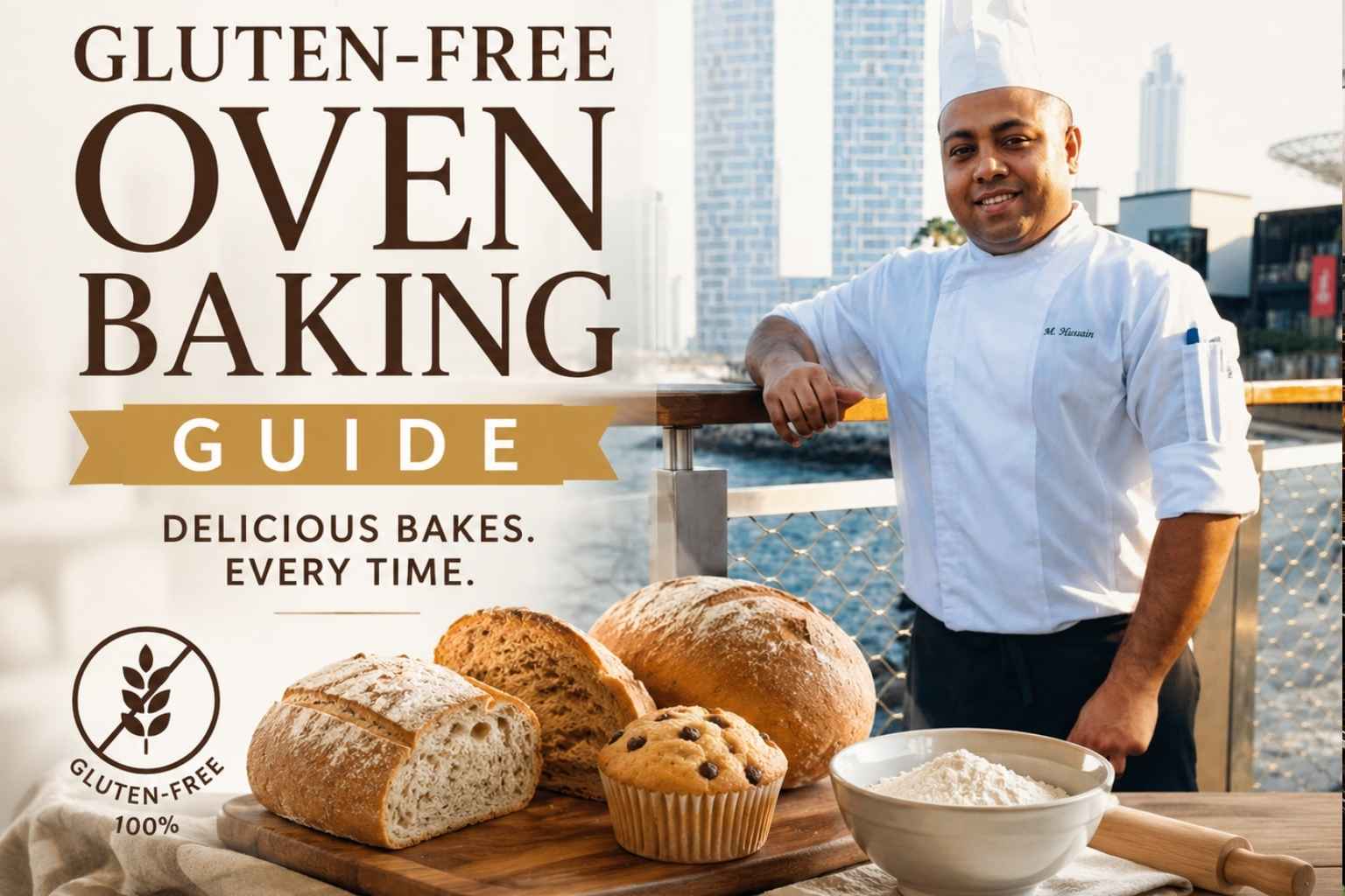 Feature image for a Gluten-Free Oven Baking Guide showing a smiling chef in a white uniform and chef hat standing on a waterfront boardwalk with a modern city skyline in the background. Fresh gluten-free bread loaves, a muffin, flour, and baking tools are displayed in the foreground, alongside the title "Gluten-Free Oven Baking Guide" and the tagline "Delicious Bakes. Every Time."