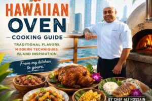 "Promotional cover for Hawaiian Oven Cooking Guide featuring a smiling chef in a white chef’s uniform standing beside a waterfront boardwalk with a modern city skyline in the background. A stone oven with a glowing fire appears on the right, while a table in the foreground displays Hawaiian-inspired dishes, including roasted chicken, grilled fish, rice, pineapple, poke, and tropical vegetables. Tropical flowers and palm leaves frame the scene. Large bold text reads ‘Hawaiian Oven Cooking Guide,’ with the subtitle ‘Traditional Flavors. Modern Techniques. Island Inspiration.’ and the author credit ‘By Chef