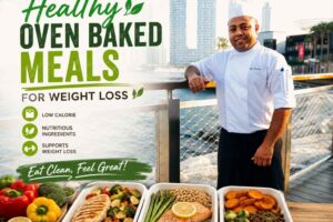 Professional chef in a white uniform standing on a waterfront promenade with a modern city skyline in the background. The image is designed as a promotional banner for “Healthy Oven Baked Meals for Weight Loss,” featuring colorful oven-baked meal-prep dishes including grilled chicken, salmon, roasted vegetables, sweet potatoes, and fresh produce. Bold green typography highlights low-calorie, nutritious ingredients and weight-loss support, with the tagline “Eat Clean, Feel Great!” displayed prominently.
