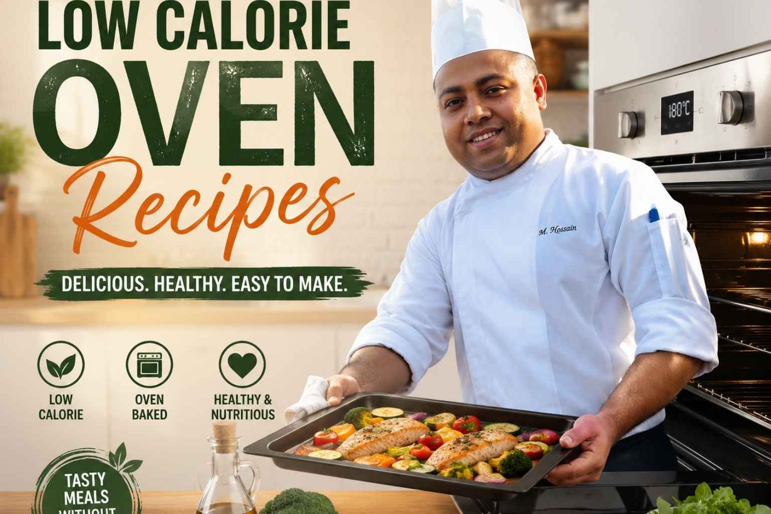 Professional chef in a white uniform holding a tray of healthy oven-baked salmon and vegetables in a modern kitchen. Large headline text reads “Low Calorie Oven Recipes,” with healthy food icons and fresh ingredients displayed in the foreground. The design promotes nutritious, easy-to-make meals with the tagline “Delicious. Healthy. Easy to Make.” and “Tasty Meals Without the Guilt.”