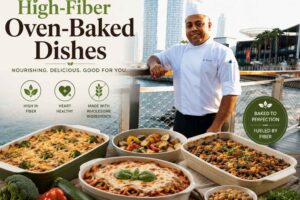 Professional chef standing on a waterfront promenade with a city skyline in the background, alongside a display of colorful high-fiber oven-baked dishes including vegetable casseroles, baked pasta, roasted vegetables, and bean-based meals. The feature image highlights healthy, fiber-rich baked recipes with fresh ingredients such as broccoli, zucchini, tomatoes, oats, and chickpeas, promoting nutritious and wholesome cooking.