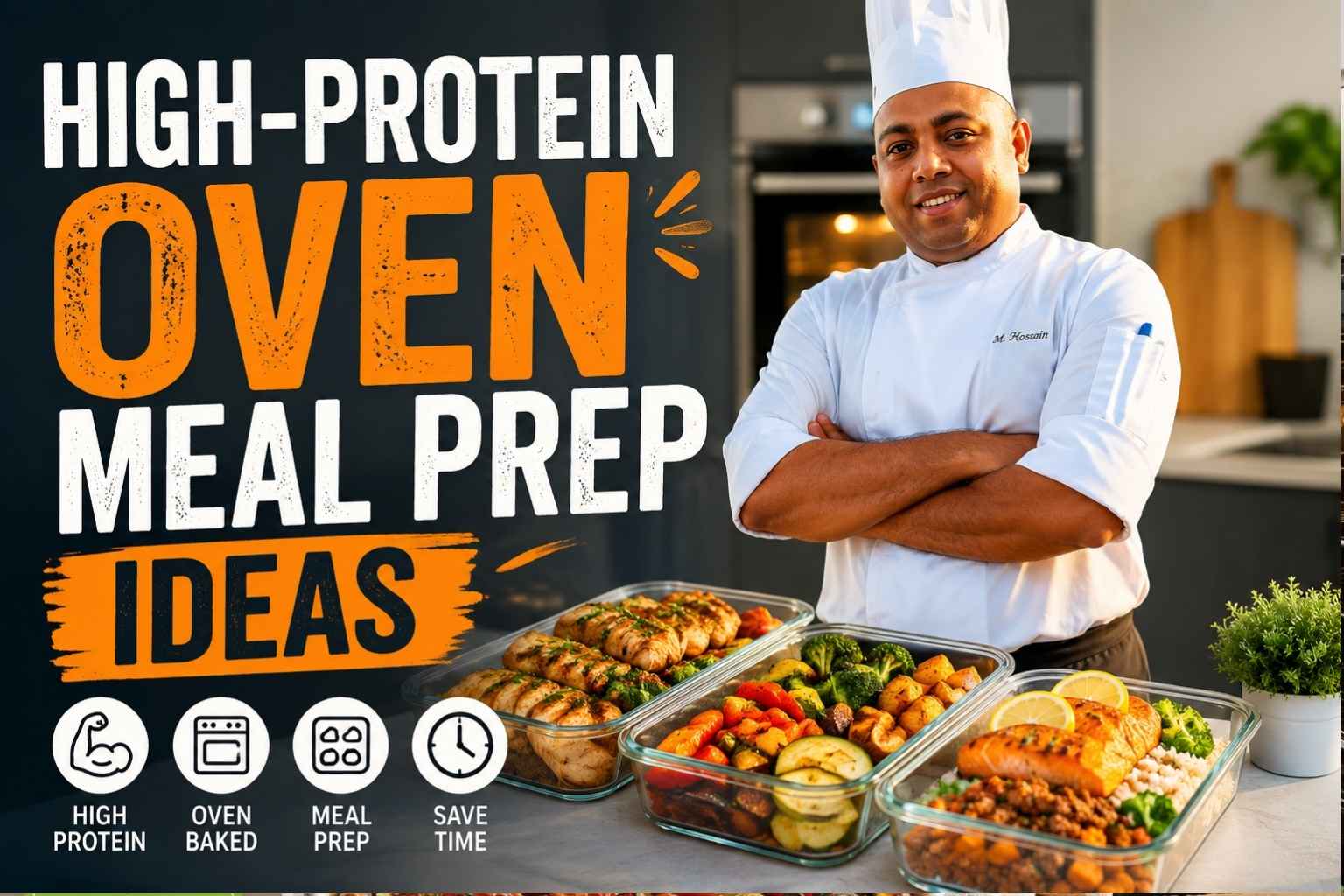"Chef in a white uniform and hat standing in a modern kitchen beside meal prep containers filled with high-protein oven-baked meals, including chicken, salmon, vegetables, and rice. Large bold text reads 'HIGH-PROTEIN OVEN MEAL PREP IDEAS' with icons highlighting protein, baking, meal prep, and time-saving."