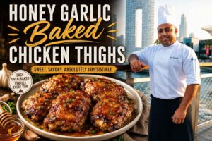 “A professional recipe thumbnail featuring a smiling chef in a white uniform and hat standing beside a waterfront city view, with a plate of glossy honey garlic baked chicken thighs in the foreground. Bold text reads ‘Honey Garlic Baked Chicken Thighs’ with a warm, appetizing food-promotion design.”