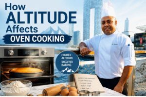 "Feature image showing a professional chef in a white uniform standing on a waterfront promenade with a modern city skyline in the background. Beside him is an oven baking bread, along with baking ingredients and a notebook listing high-altitude baking adjustments. Large text reads, 'How Altitude Affects Oven Cooking.'"