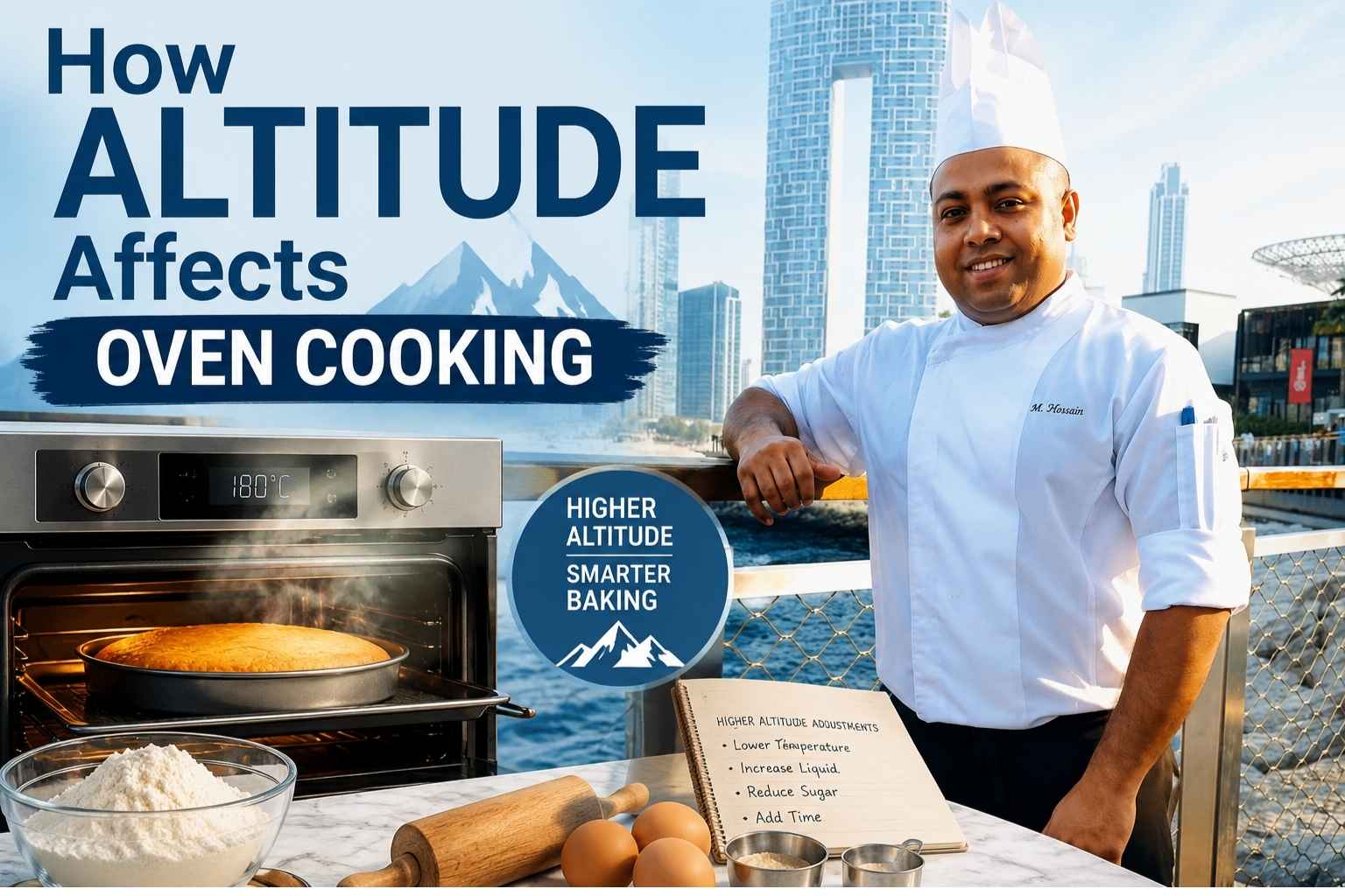 "Feature image showing a professional chef in a white uniform standing on a waterfront promenade with a modern city skyline in the background. Beside him is an oven baking bread, along with baking ingredients and a notebook listing high-altitude baking adjustments. Large text reads, 'How Altitude Affects Oven Cooking.'"