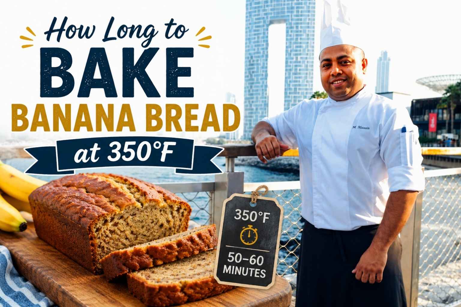 "Chef standing beside a waterfront with a fresh loaf of banana bread and the title 'How Long to Bake Banana Bread at 350°F,' featuring a baking time of 50–60 minutes."