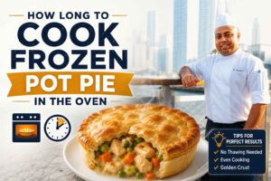 Feature image for “How Long to Cook Frozen Pot Pie in the Oven” showing a smiling professional chef in a white uniform standing beside a waterfront city skyline. A golden-brown frozen pot pie with a flaky crust and steaming chicken-and-vegetable filling is displayed in the foreground. Large headline text highlights the cooking guide, with oven and timer icons emphasizing baking time and temperature. A tips box notes no thawing needed, even cooking, and a crispy golden crust.