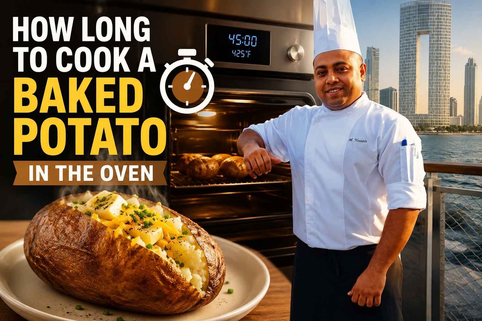 Professional chef in a white uniform standing beside a glowing oven filled with baked potatoes, with a large loaded baked potato in the foreground. Bold text reads “How Long to Cook a Baked Potato in the Oven,” alongside a timer icon, creating an informative cooking tutorial feature image.