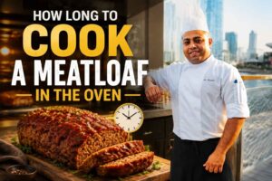 A chef in a white uniform and hat stands beside a waterfront while a large meatloaf with sauce and sliced pieces appears in the foreground. The image includes bold text reading “How Long To Cook A Meatloaf In The Oven” and a clock graphic, creating a cooking recipe thumbnail design.
