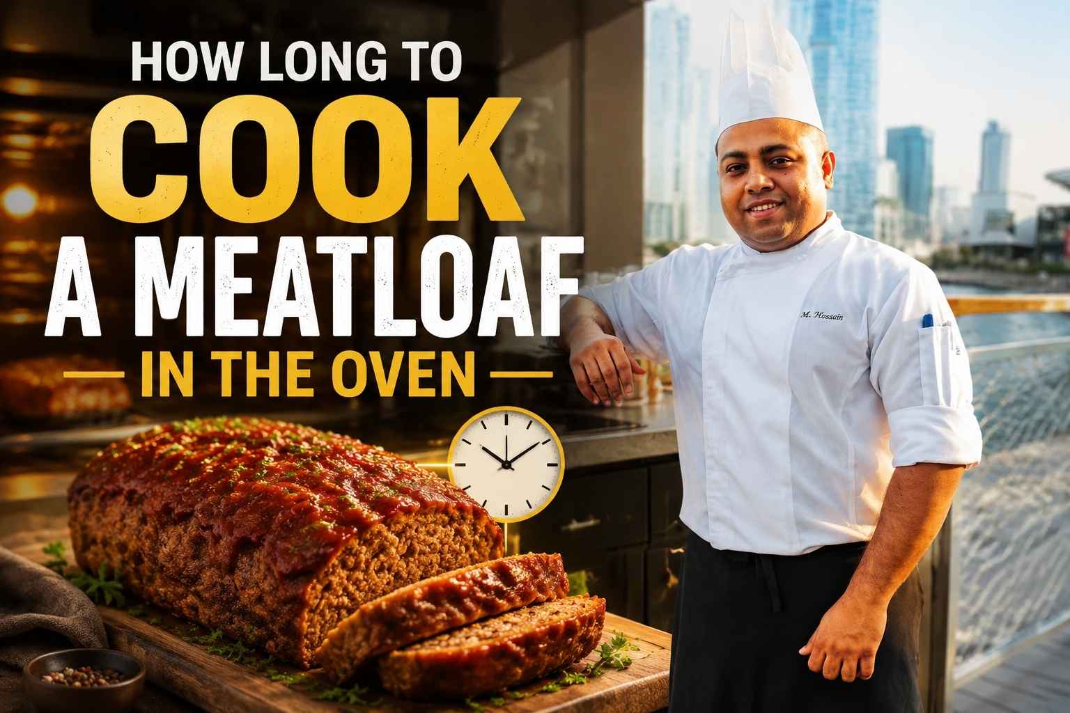 A chef in a white uniform and hat stands beside a waterfront while a large meatloaf with sauce and sliced pieces appears in the foreground. The image includes bold text reading “How Long To Cook A Meatloaf In The Oven” and a clock graphic, creating a cooking recipe thumbnail design.