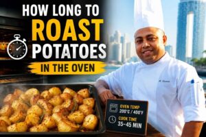 Feature image for “How Long to Roast Potatoes in the Oven” showing a smiling chef in a white uniform standing beside a tray of golden roasted potatoes. Large headline text displays the article title, while a cooking guide highlights an oven temperature of 200°C (400°F) and a roasting time of 35–45 minutes. A modern city waterfront skyline appears in the background, creating a professional food blog design.