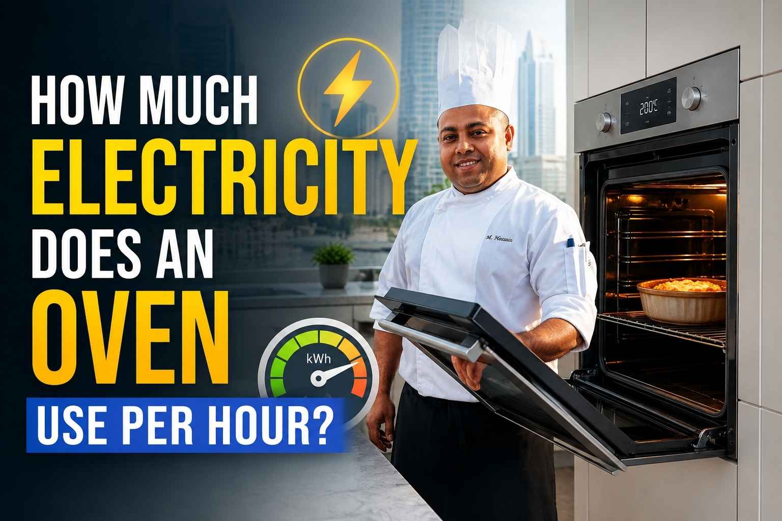 Chef in a white uniform standing beside a modern built-in electric oven in a bright kitchen, with large headline text reading “How Much Electricity Does an Oven Use Per Hour?” A glowing oven, electricity meter graphic, and lightning bolt icon emphasize energy consumption and power usage. The image is designed as a feature banner for an article about oven electricity costs and energy efficiency.