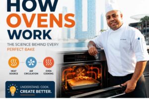 "Professional chef in a white uniform standing beside an open oven, with a modern city background. The image features the title 'How Ovens Work' and visual explanations of heat source, air circulation, and even cooking, showing the science behind baking."