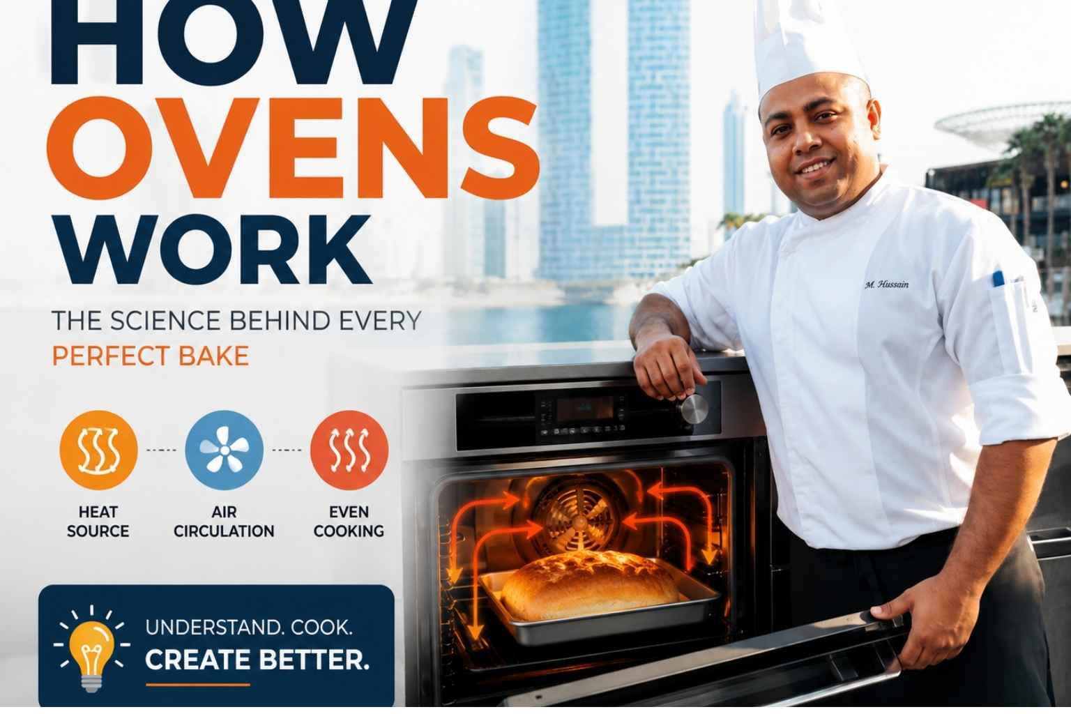 "Professional chef in a white uniform standing beside an open oven, with a modern city background. The image features the title 'How Ovens Work' and visual explanations of heat source, air circulation, and even cooking, showing the science behind baking."
