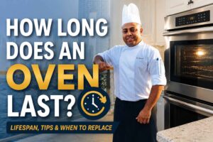 a professional chef in a white uniform standing beside a modern stainless-steel oven in a bright kitchen. Large bold text reads “How Long Does an Oven Last?” with a clock icon symbolizing appliance lifespan. A subtle cityscape background and warm lighting create a professional, informative design focused on oven durability, maintenance, and replacement timing.