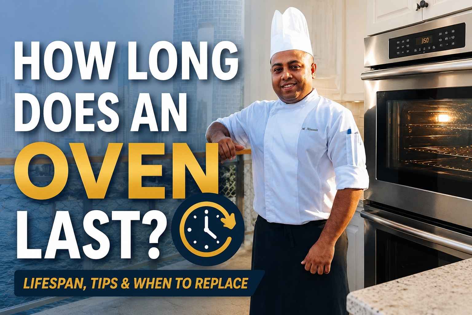 a professional chef in a white uniform standing beside a modern stainless-steel oven in a bright kitchen. Large bold text reads “How Long Does an Oven Last?” with a clock icon symbolizing appliance lifespan. A subtle cityscape background and warm lighting create a professional, informative design focused on oven durability, maintenance, and replacement timing.