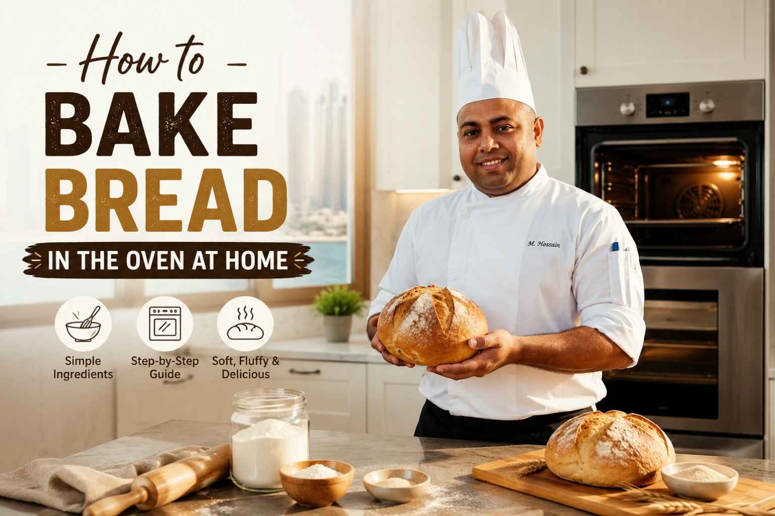 "Professional chef holding a freshly baked artisan bread loaf in a modern kitchen with oven, flour, and baking tools, featuring the title 'How to Bake Bread in the Oven at Home.'"