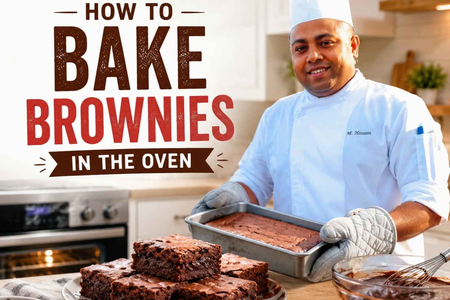 Professional chef in a white uniform and chef hat holding a tray of freshly baked brownies in a bright kitchen. Rich, fudgy brownies are displayed on a plate in the foreground, with an oven and baking ingredients visible in the background. Large text reads “How to Bake Brownies in the Oven,” making it a featured image for a brownie baking tutorial.