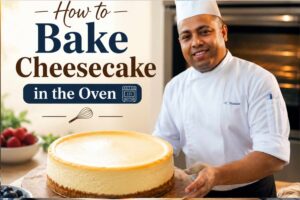 A smiling chef in a white uniform and tall chef’s hat stands beside a large baked cheesecake on a wooden board in a modern kitchen. The feature image includes the title “How to Bake Cheesecake in the Oven” in large decorative lettering, with fresh berries, baking tools, and a glowing oven in the background, creating a warm and inviting baking tutorial scene.