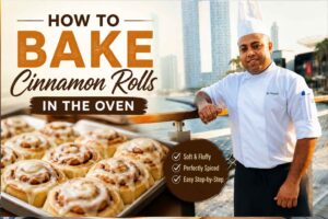 A smiling chef in a white uniform and tall chef’s hat stands on a waterfront boardwalk with a modern city skyline in the background. The feature image includes a tray of freshly baked cinnamon rolls topped with creamy icing and large text reading “How to Bake Cinnamon Rolls in the Oven.” A badge highlights key benefits: soft and fluffy, perfectly spiced, and easy step-by-step instructions.
