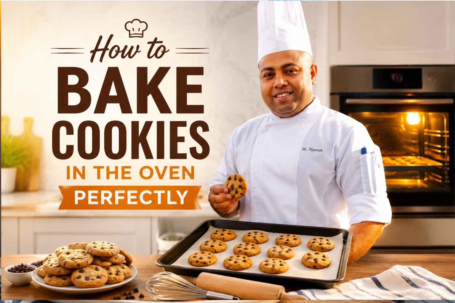 A smiling chef in a white uniform and tall chef hat stands in a modern kitchen holding a tray of freshly baked chocolate chip cookies. A warm-lit oven filled with cookies glows in the background, while a plate of cookies, chocolate chips, and baking tools sit on the countertop. Large text on the left reads, “How to Bake Cookies in the Oven Perfectly,” creating an inviting and professional baking tutorial feature image.