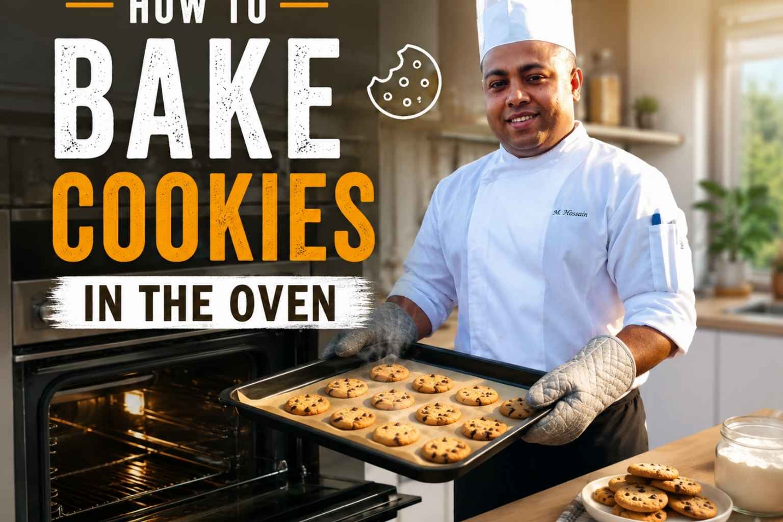 Professional chef holding a tray of freshly baked chocolate chip cookies in a modern kitchen beside an open oven. Large text reads “How to Bake Cookies in the Oven,” making it a tutorial-style feature image for a cookie baking guide. Warm lighting, baking ingredients, and finished cookies on the countertop create an inviting home-baking atmosphere.