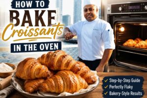 Professional chef in a white uniform and chef’s hat standing beside a waterfront promenade with a modern city skyline in the background. The feature image for “How to Bake Croissants in the Oven” includes golden, flaky croissants on a wooden table, a lit oven with freshly baked croissants inside, and bold headline text highlighting a step-by-step baking guide for bakery-style results.