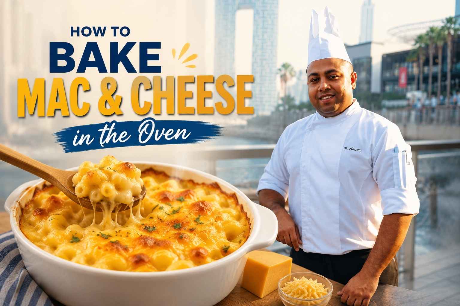 Professional chef in a white uniform and chef’s hat standing beside a waterfront promenade with a modern city skyline in the background. In the foreground, a baked macaroni and cheese casserole with golden, melted cheese is displayed alongside bold text reading “How to Bake Mac & Cheese in the Oven.” The image serves as a feature graphic for an oven-baked mac and cheese recipe tutorial.