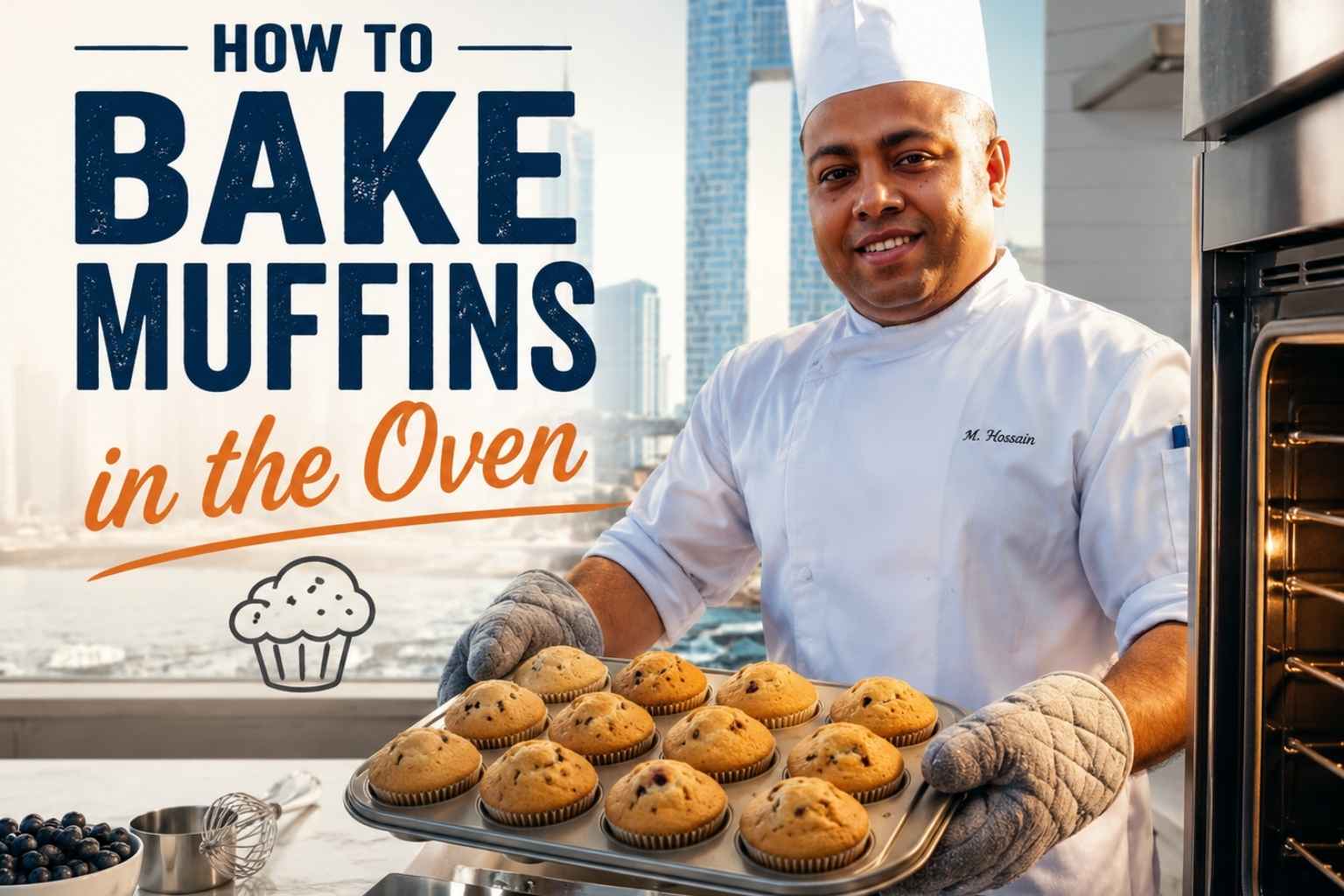 "Feature image for a baking tutorial titled 'How to Bake Muffins in the Oven.' A professional chef in a white uniform and chef's hat smiles while holding a tray of freshly baked muffins beside an open oven in a modern kitchen. Large bold text on the left reads 'HOW TO BAKE MUFFINS in the Oven.' Baking ingredients, including blueberries, flour, and a whisk, are displayed on the countertop, with a city skyline visible through the window in the background."