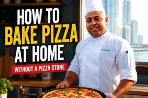 "Professional chef in a white uniform holding a freshly baked homemade pizza in a modern kitchen, with bold text reading 'How to Bake Pizza at Home Without a Pizza Stone' and a city skyline visible through the window."