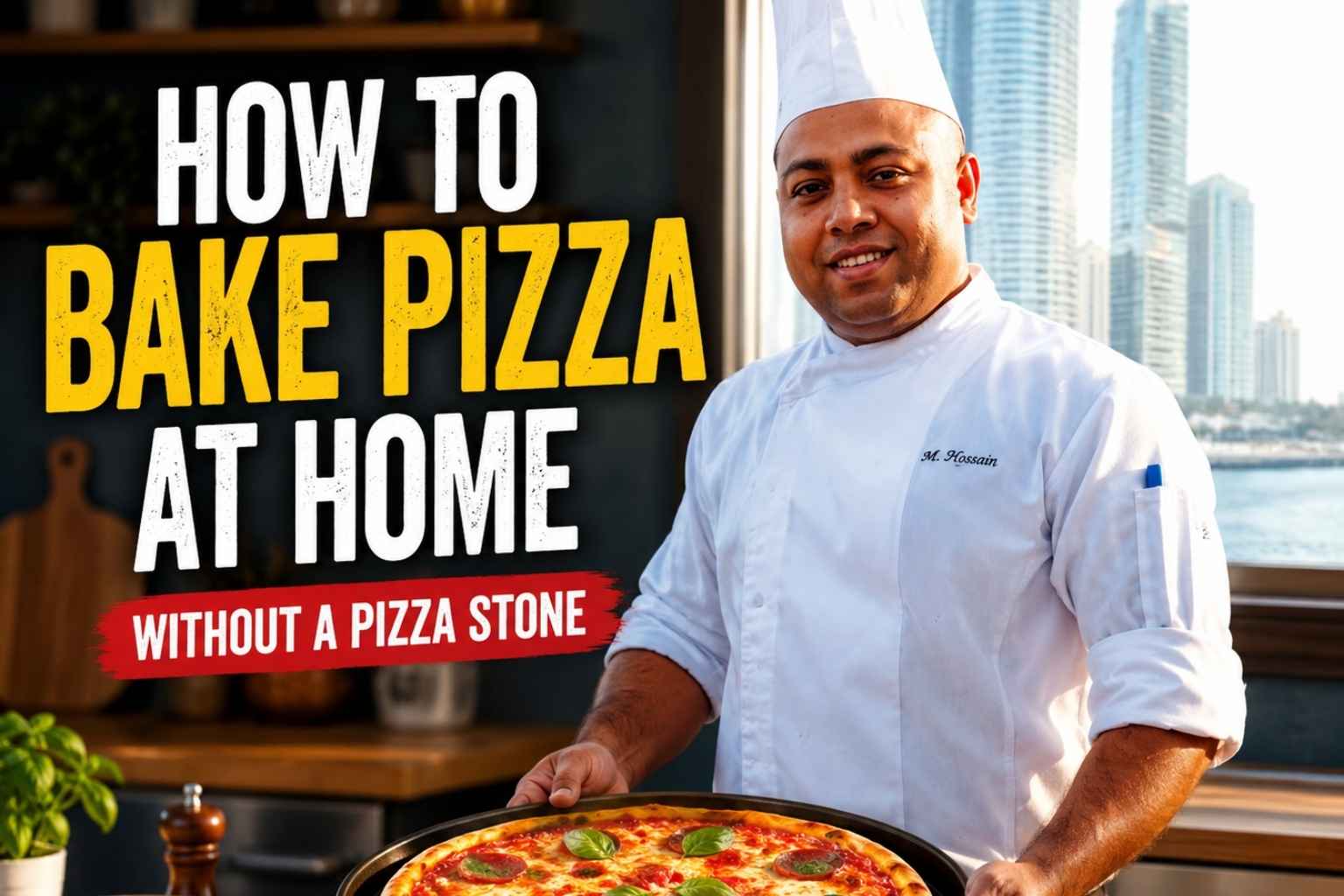 "Professional chef in a white uniform holding a freshly baked homemade pizza in a modern kitchen, with bold text reading 'How to Bake Pizza at Home Without a Pizza Stone' and a city skyline visible through the window."
