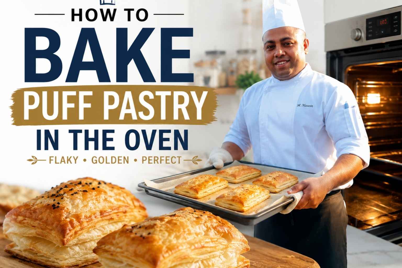 Chef in a white uniform and tall chef hat holding a tray of freshly baked golden puff pastries in a modern kitchen beside an open oven. Large text reads “How to Bake Puff Pastry in the Oven,” with flaky, layered pastries displayed in the foreground on a wooden board, creating an inviting cooking tutorial feature image.