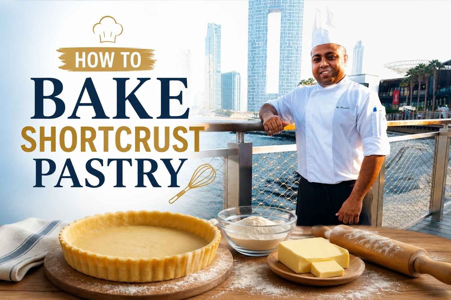 Professional chef in a white uniform and tall chef’s hat standing on a waterfront promenade with a modern city skyline in the background. The feature image includes baking ingredients such as flour, butter, a rolling pin, and an unbaked tart shell, alongside the headline “How to Bake Shortcrust Pastry,” creating an inviting cooking tutorial cover.